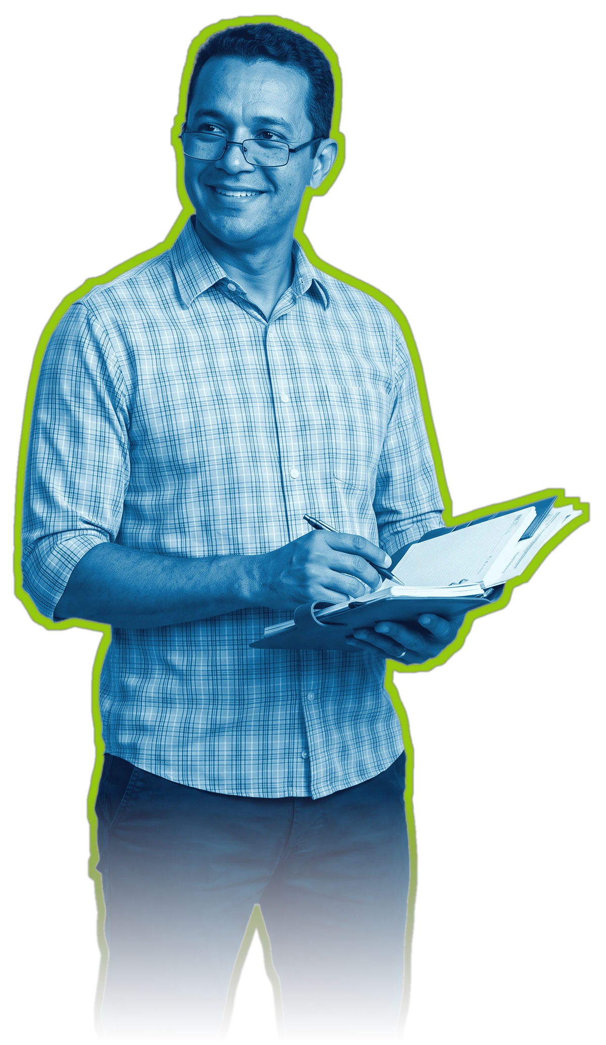 Administrador sorridente com um tablet no braço, recortado com contorno verde-limão