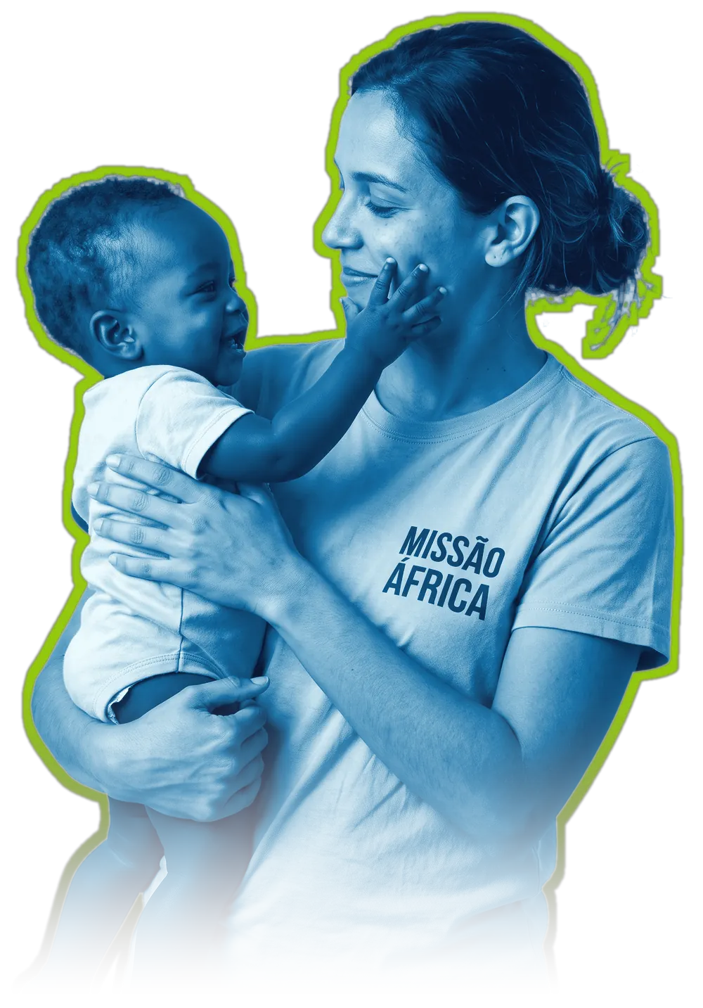Missionária de camiseta Missão África com um bebê africano rindo no colo, tocando o rosto dela, recortada com contorno verde-limão