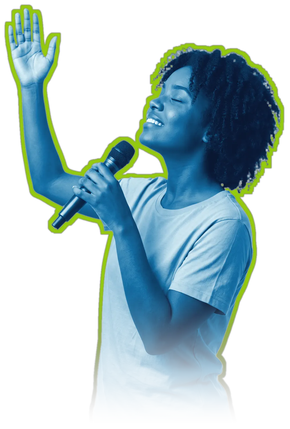 Jovem cantando em adoração com microfone na mão e o braço erguido, recortada com contorno verde-limão